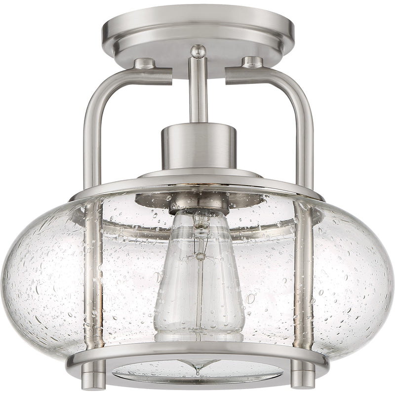 Quoizel Trilogy 10in 1-Light Semi-Flush Mount | Industrial Brushed Nickel and Clear Seedy Glass | Hallway & Entryway | Model TRG1710BN