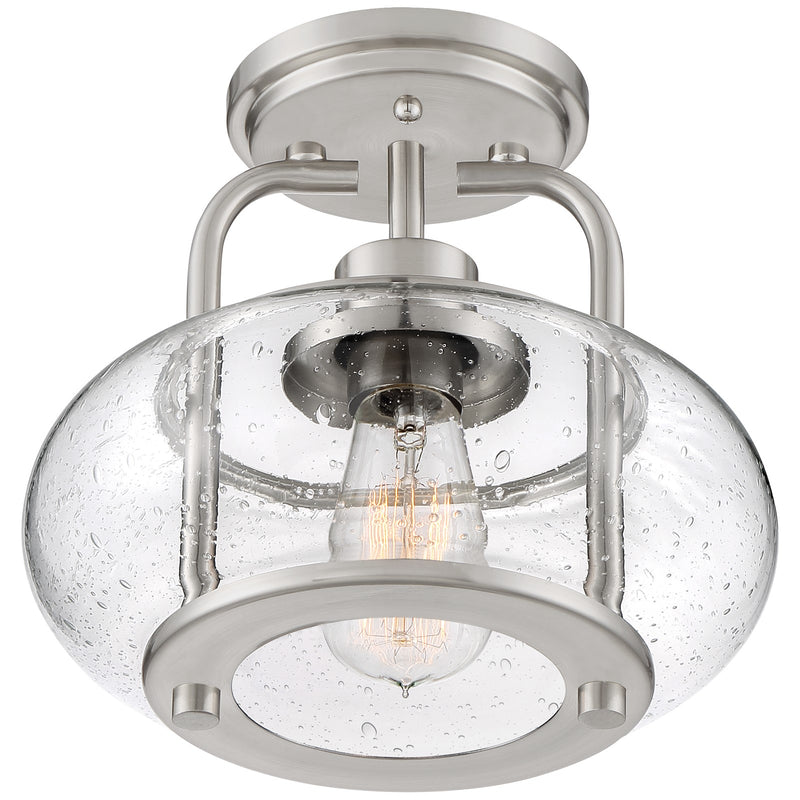 Quoizel Trilogy 10in 1-Light Semi-Flush Mount | Industrial Brushed Nickel and Clear Seedy Glass | Hallway & Entryway | Model TRG1710BN