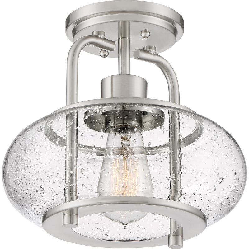 Quoizel Trilogy 10in 1-Light Semi-Flush Mount | Industrial Brushed Nickel and Clear Seedy Glass | Hallway & Entryway | Model TRG1710BN