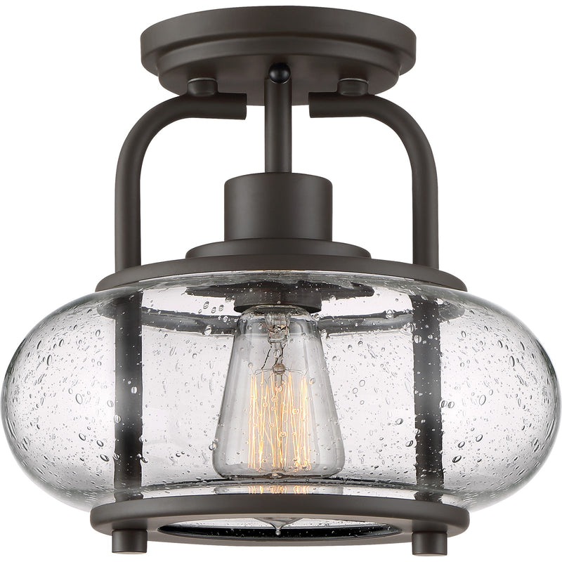 Quoizel Trilogy 10in 1-Light Semi-Flush Mount | Industrial Old Bronze and Clear Seedy Glass | Hallway & Entryway | 10 x 10 x 9.25 in | Model TRG1710OZ