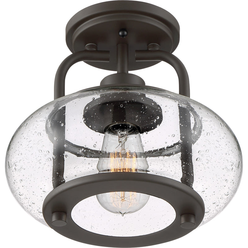 Quoizel Trilogy 10in 1-Light Semi-Flush Mount | Industrial Old Bronze and Clear Seedy Glass | Hallway & Entryway | 10 x 10 x 9.25 in | Model TRG1710OZ