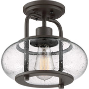 Quoizel Trilogy 10in 1-Light Semi-Flush Mount | Industrial Old Bronze and Clear Seedy Glass | Hallway & Entryway | 10 x 10 x 9.25 in | Model TRG1710OZ