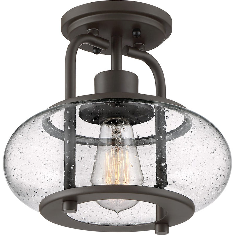 Quoizel Trilogy 10in 1-Light Semi-Flush Mount | Industrial Old Bronze and Clear Seedy Glass | Hallway & Entryway | 10 x 10 x 9.25 in | Model TRG1710OZ