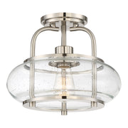 Quoizel Trilogy 12in 1-Light Semi-Flush Mount | Industrial Brushed Nickel and Clear Seedy Glass | Hallway & Entryway | Model TRG1712BN