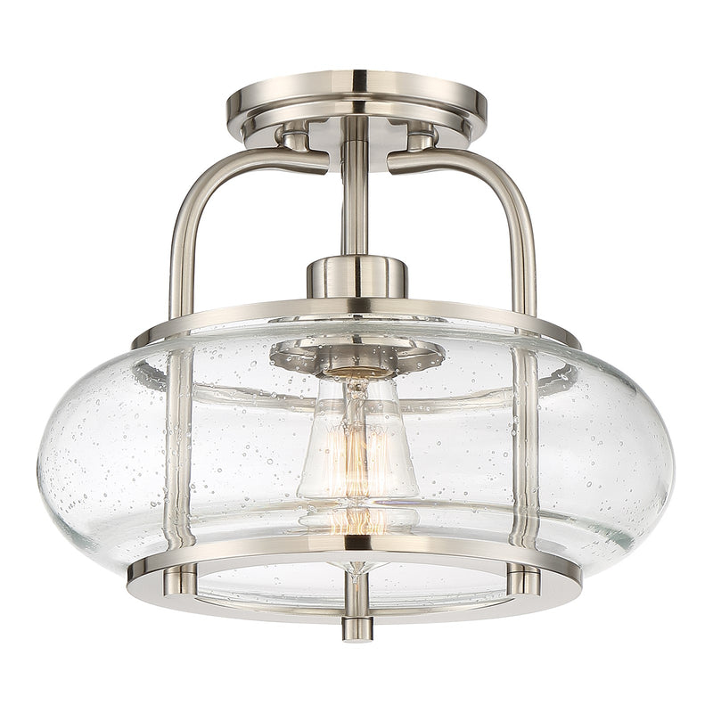Quoizel Trilogy 12in 1-Light Semi-Flush Mount | Industrial Brushed Nickel and Clear Seedy Glass | Hallway & Entryway | Model TRG1712BN
