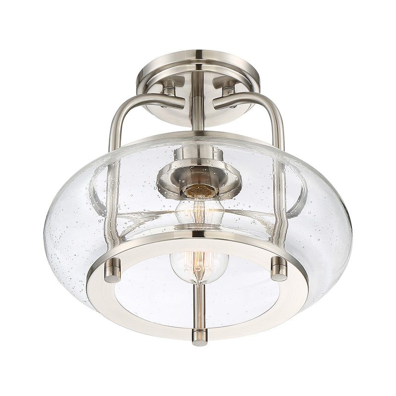 Quoizel Trilogy 12in 1-Light Semi-Flush Mount | Industrial Brushed Nickel and Clear Seedy Glass | Hallway & Entryway | Model TRG1712BN