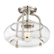Quoizel Trilogy 12in 1-Light Semi-Flush Mount | Industrial Brushed Nickel and Clear Seedy Glass | Hallway & Entryway | Model TRG1712BN
