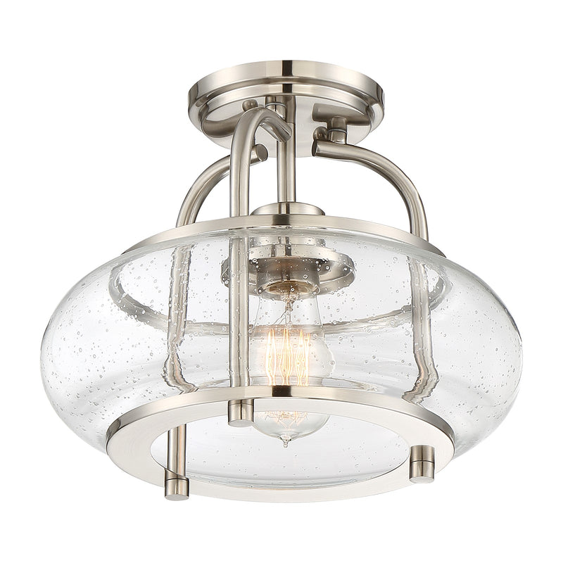 Quoizel Trilogy 12in 1-Light Semi-Flush Mount | Industrial Brushed Nickel and Clear Seedy Glass | Hallway & Entryway | Model TRG1712BN