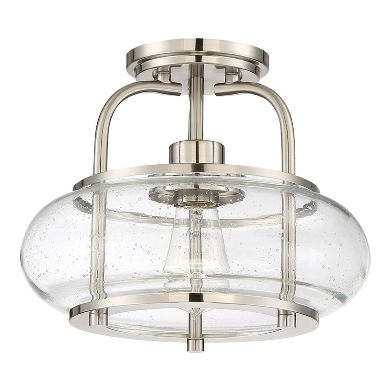 Quoizel Trilogy 12in 1-Light Semi-Flush Mount | Industrial Brushed Nickel and Clear Seedy Glass | Hallway & Entryway | Model TRG1712BN