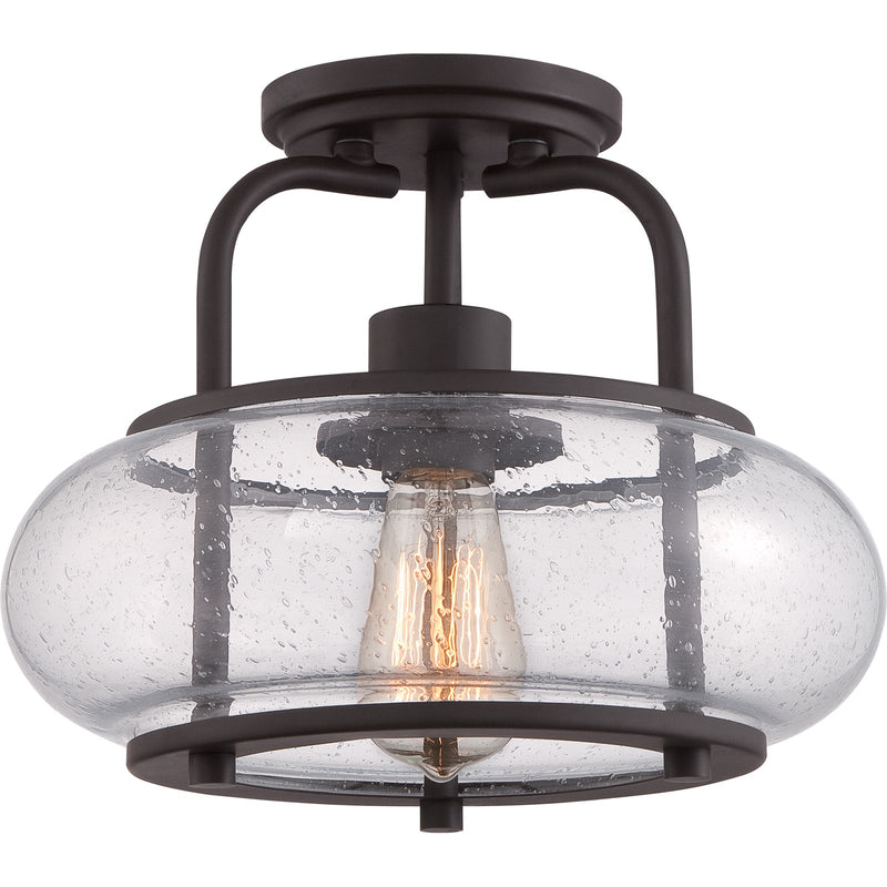 Quoizel Trilogy 12in 1-Light Semi-Flush Mount | Industrial Old Bronze and Clear Seedy Glass | Hallway & Entryway | 12 x 12 x 10 in | Model TRG1712OZ