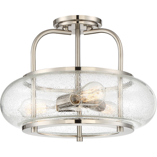 Quoizel Trilogy 16in 3-Light Semi-Flush Mount | Industrial Brushed Nickel and Clear Seedy Glass | Hallway & Entryway | Model TRG1716BN