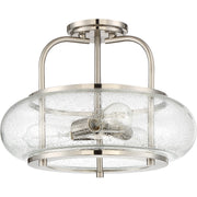 Quoizel Trilogy 16in 3-Light Semi-Flush Mount | Industrial Brushed Nickel and Clear Seedy Glass | Hallway & Entryway | Model TRG1716BN