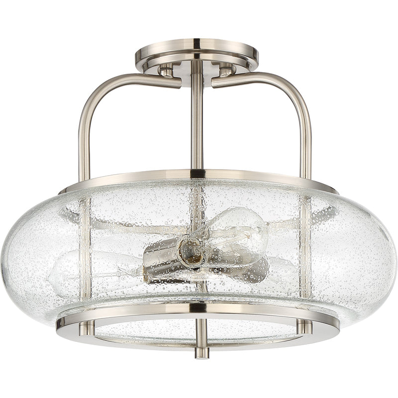 Quoizel Trilogy 16in 3-Light Semi-Flush Mount | Industrial Brushed Nickel and Clear Seedy Glass | Hallway & Entryway | Model TRG1716BN