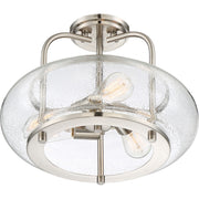 Quoizel Trilogy 16in 3-Light Semi-Flush Mount | Industrial Brushed Nickel and Clear Seedy Glass | Hallway & Entryway | Model TRG1716BN