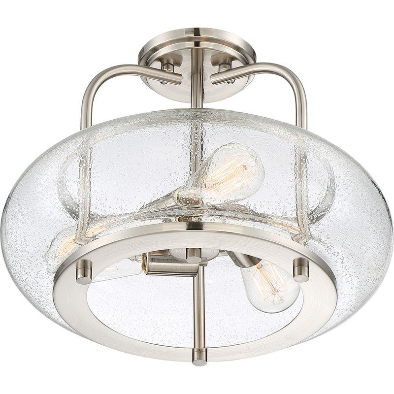 Quoizel Trilogy 16in 3-Light Semi-Flush Mount | Industrial Brushed Nickel and Clear Seedy Glass | Hallway & Entryway | Model TRG1716BN