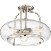 Quoizel Trilogy 16in 3-Light Semi-Flush Mount | Industrial Brushed Nickel and Clear Seedy Glass | Hallway & Entryway | Model TRG1716BN
