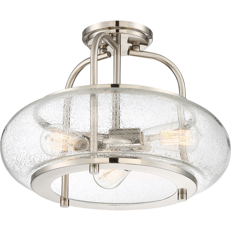 Quoizel Trilogy 16in 3-Light Semi-Flush Mount | Industrial Brushed Nickel and Clear Seedy Glass | Hallway & Entryway | Model TRG1716BN
