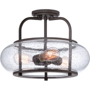 Quoizel Trilogy 16in 3-Light Semi-Flush Mount | Industrial Old Bronze and Clear Seedy Glass | Hallway & Entryway | 16 x 16 x 12 in | Model TRG1716OZ
