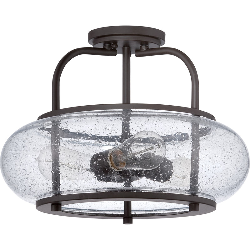 Quoizel Trilogy 16in 3-Light Semi-Flush Mount | Industrial Old Bronze and Clear Seedy Glass | Hallway & Entryway | 16 x 16 x 12 in | Model TRG1716OZ