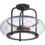 Quoizel Trilogy 16in 3-Light Semi-Flush Mount | Industrial Old Bronze and Clear Seedy Glass | Hallway & Entryway | 16 x 16 x 12 in | Model TRG1716OZ