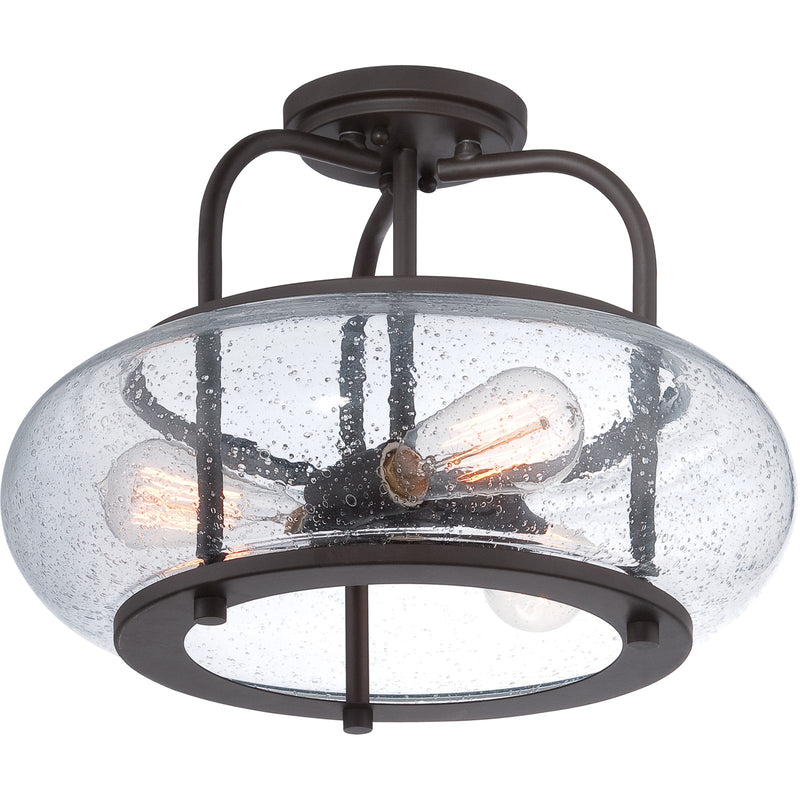 Quoizel Trilogy 16in 3-Light Semi-Flush Mount | Industrial Old Bronze and Clear Seedy Glass | Hallway & Entryway | 16 x 16 x 12 in | Model TRG1716OZ