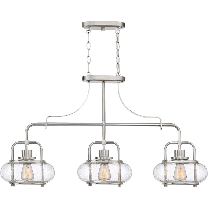 Quoizel Trilogy 38in 3-Light Island Chandelier | Industrial Brushed Nickel and Clear Seedy Glass | Kitchen Island & Dining Room | Model TRG338BN