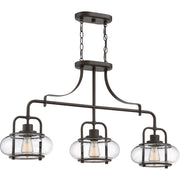 Quoizel Trilogy 38in 3-Light Island Chandelier | Industrial Old Bronze and Clear Seedy Glass | Kitchen Island & Dining Room | Model TRG338OZ