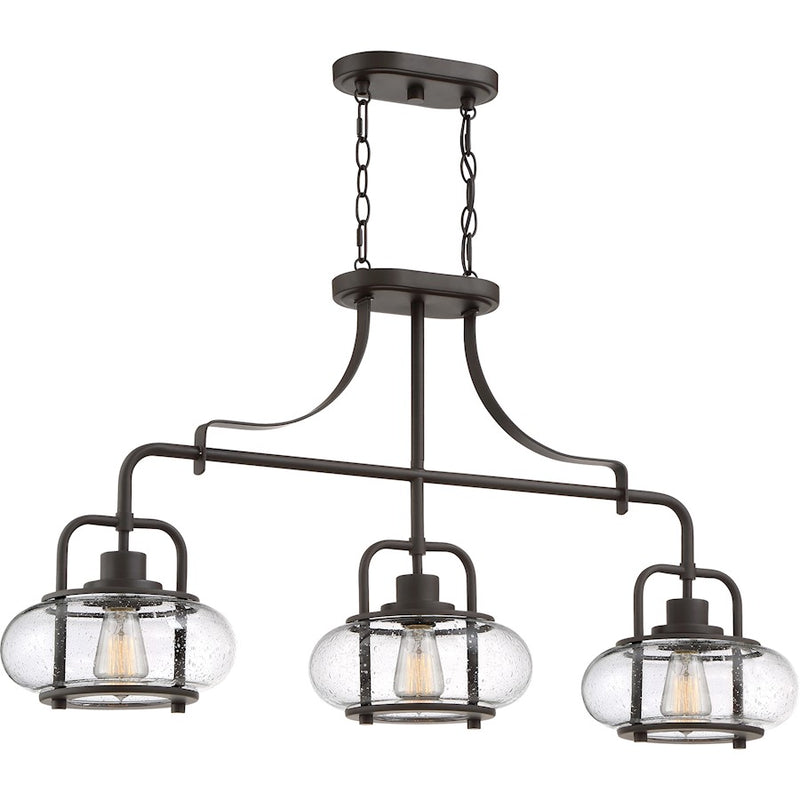 Quoizel Trilogy 38in 3-Light Island Chandelier | Industrial Old Bronze and Clear Seedy Glass | Kitchen Island & Dining Room | Model TRG338OZ