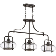 Quoizel Trilogy 38in 3-Light Island Chandelier | Industrial Old Bronze and Clear Seedy Glass | Kitchen Island & Dining Room | Model TRG338OZ