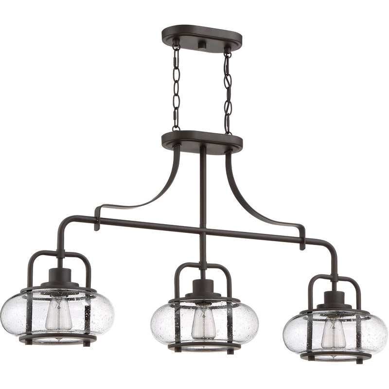 Quoizel Trilogy 38in 3-Light Island Chandelier | Industrial Old Bronze and Clear Seedy Glass | Kitchen Island & Dining Room | Model TRG338OZ