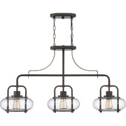 Quoizel Trilogy 38in 3-Light Island Chandelier | Industrial Old Bronze and Clear Seedy Glass | Kitchen Island & Dining Room | Model TRG338OZ