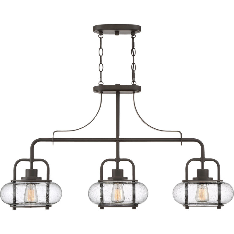 Quoizel Trilogy 38in 3-Light Island Chandelier | Industrial Old Bronze and Clear Seedy Glass | Kitchen Island & Dining Room | Model TRG338OZ