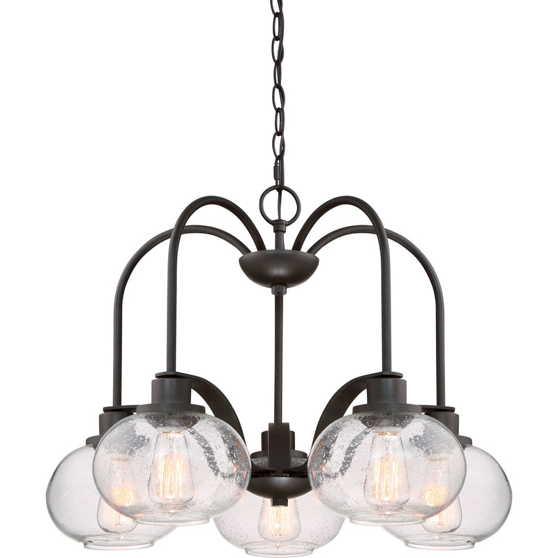 Quoizel Trilogy 26in 5-Light Chandelier | Industrial Old Bronze and Clear Seedy Glass | Dining Room & Foyer | 26.25 x 26.25 x 19 in | Model TRG5105OZ