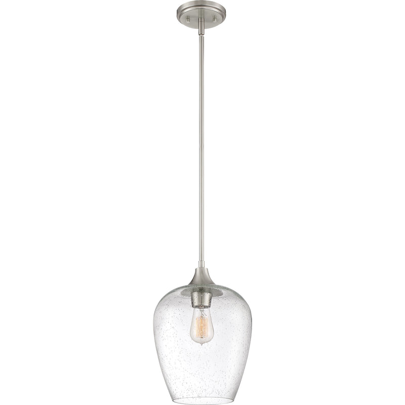 Quoizel Towne 10in 1-Light Mini Pendant | Contemporary Brushed Nickel and Clear Seedy Glass | Kitchen Island & Dining Nook | Model TWE1510BN