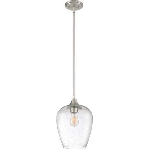 Quoizel Towne 10in 1-Light Mini Pendant | Contemporary Brushed Nickel and Clear Seedy Glass | Kitchen Island & Dining Nook | Model TWE1510BN