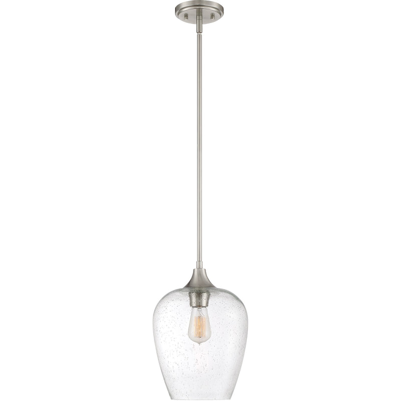 Quoizel Towne 10in 1-Light Mini Pendant | Contemporary Brushed Nickel and Clear Seedy Glass | Kitchen Island & Dining Nook | Model TWE1510BN