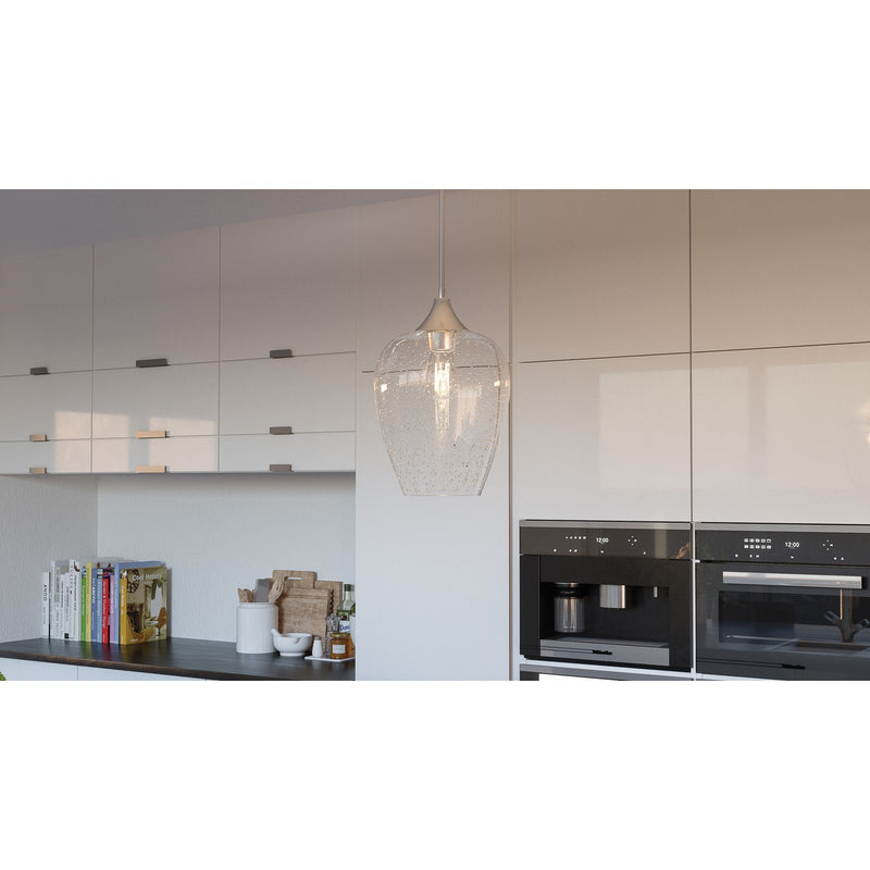 Quoizel Towne 10in 1-Light Mini Pendant | Contemporary Brushed Nickel and Clear Seedy Glass | Kitchen Island & Dining Nook | Model TWE1510BN