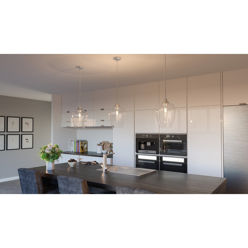 Quoizel Towne 10in 1-Light Mini Pendant | Contemporary Brushed Nickel and Clear Seedy Glass | Kitchen Island & Dining Nook | Model TWE1510BN