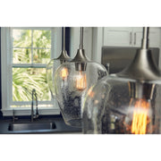 Quoizel Towne 10in 1-Light Mini Pendant | Contemporary Brushed Nickel and Clear Seedy Glass | Kitchen Island & Dining Nook | Model TWE1510BN