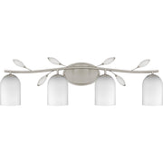 Quoizel Ulysses 34in 4-Light Vanity Light | Brushed Nickel and Opal Etched Hammered Glass | Bathroom Vanity | 33.5 x 6.5 x 9.25 in | Model ULY8634BN