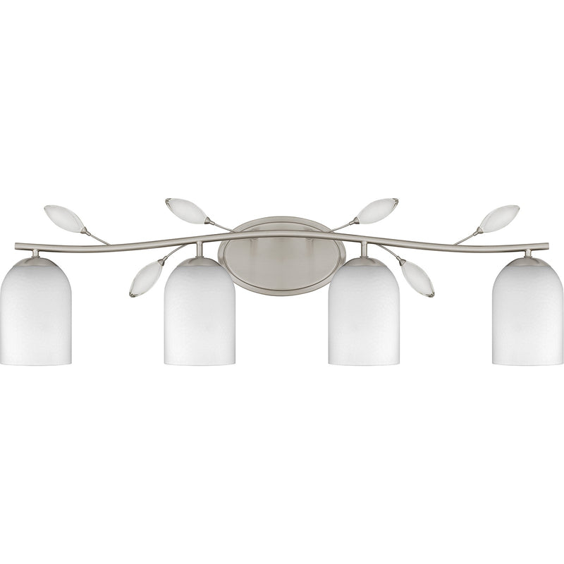 Quoizel Ulysses 34in 4-Light Vanity Light | Brushed Nickel and Opal Etched Hammered Glass | Bathroom Vanity | 33.5 x 6.5 x 9.25 in | Model ULY8634BN