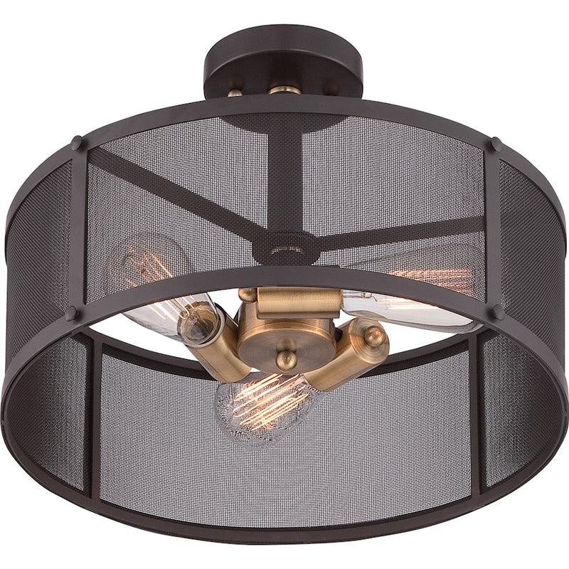 Quoizel Union Station 16in 3-Light Semi-Flush Mount | Industrial Western Bronze and Metal Mesh Shade | Entryway & Hallway | Model UST1716WT