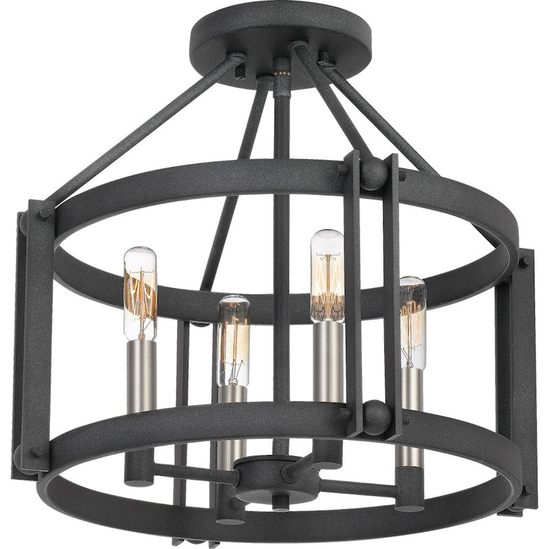 Quoizel Victor 16in 4-Light Semi-Flush Mount | Transitional Mottled Black Openwork Cage | Entryway & Hallway | 16 x 16 x 14.5 in | Model VC1716MB