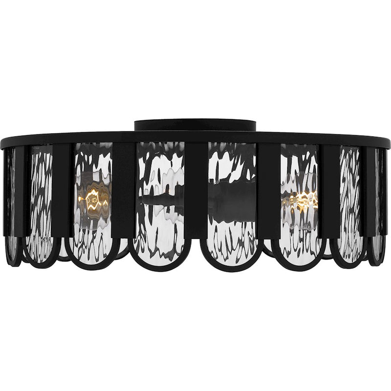 Quoizel Vera 3 Light Flush Mount, Matte Black/Clear Glacier Glass