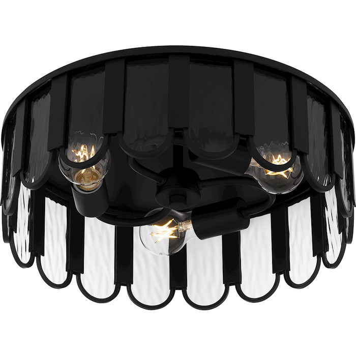 Quoizel Vera 3 Light Flush Mount, Matte Black/Clear Glacier Glass