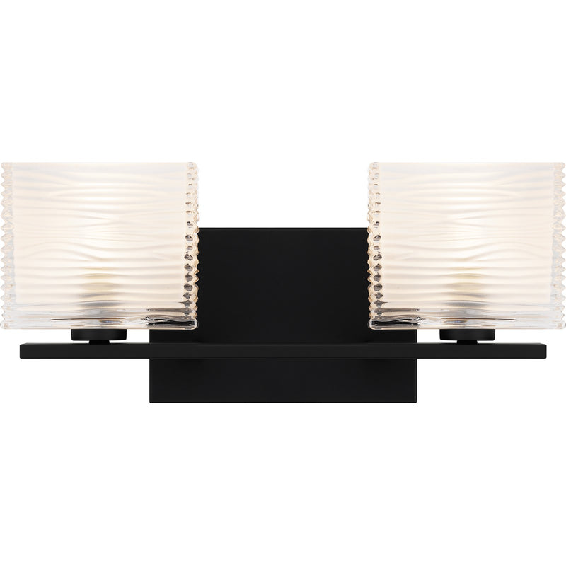 Quoizel Westcap 15in 2-Light Vanity Light | Modern Matte Black and Clear Sandblasted Glass | Bathroom Vanity & Powder Room | Model WCP8602MBK