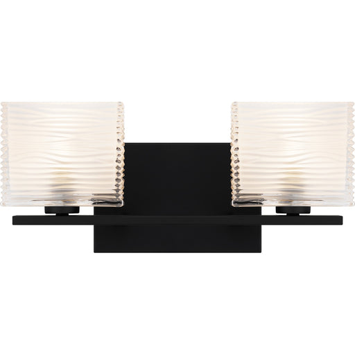 Quoizel Westcap 15in 2-Light Vanity Light | Modern Matte Black and Clear Sandblasted Glass | Bathroom Vanity & Powder Room | Model WCP8602MBK