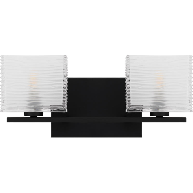 Quoizel Westcap 15in 2-Light Vanity Light | Modern Matte Black and Clear Sandblasted Glass | Bathroom Vanity & Powder Room | Model WCP8602MBK