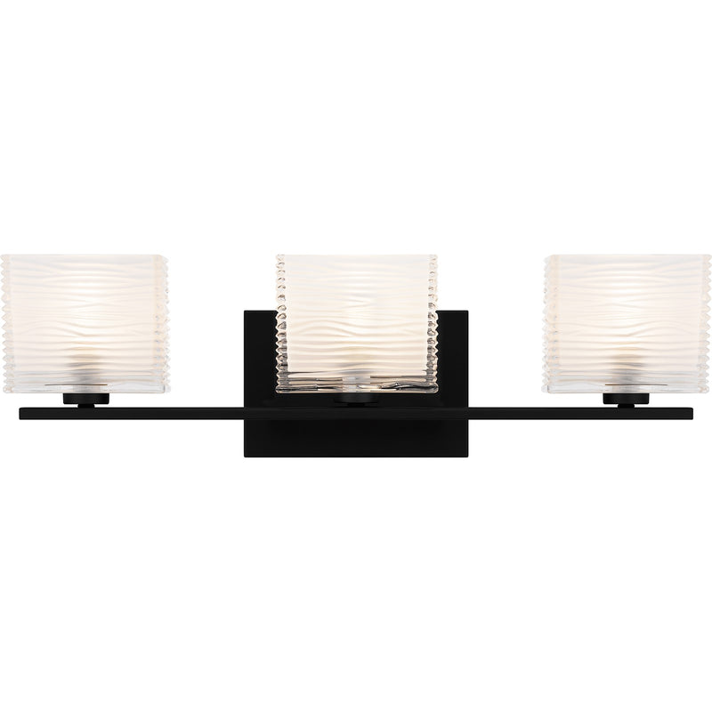 Quoizel Westcap 22in 3-Light Vanity Light | Modern Matte Black and Clear Sandblasted Glass | Bathroom Vanity | 22.5 x 5 x 6.75 in | Model WCP8603MBK