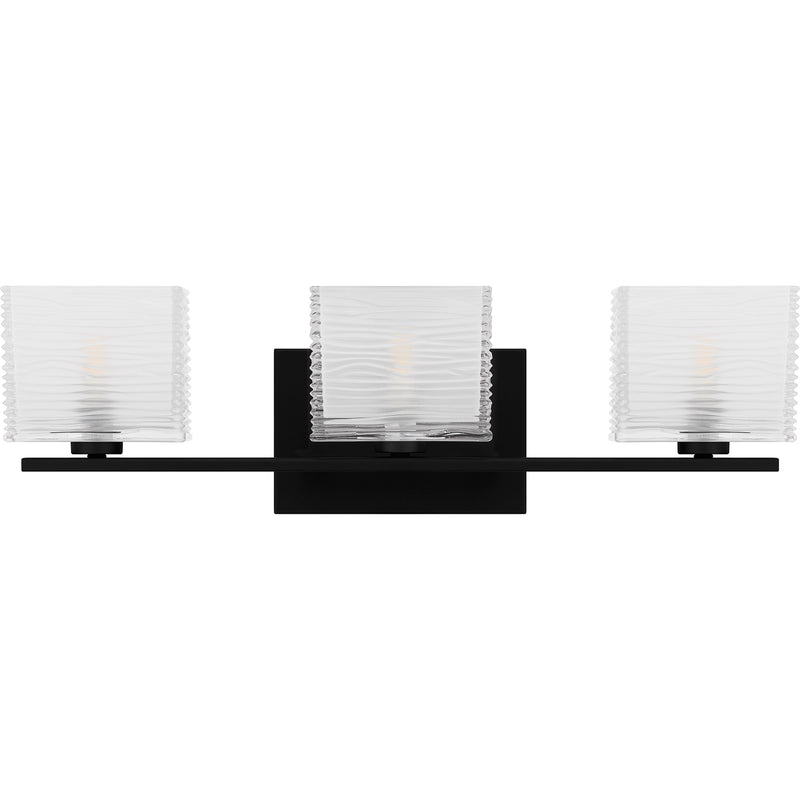 Quoizel Westcap 22in 3-Light Vanity Light | Modern Matte Black and Clear Sandblasted Glass | Bathroom Vanity | 22.5 x 5 x 6.75 in | Model WCP8603MBK